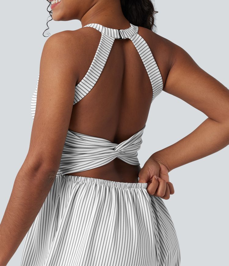 Twisted Backless Built-in Bra Stripes Casual Harem Jumpsuit with Pockets-Easy Peezy Edition