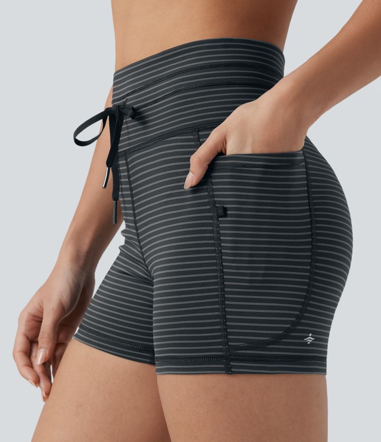 High Waisted Drawstring Striped Yoga Biker Shorts 3'' with Pockets