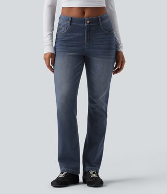 Jeans Halara Flex™ Denim tiro bajo botón cremallera múltiple bolsillo elástico lavado