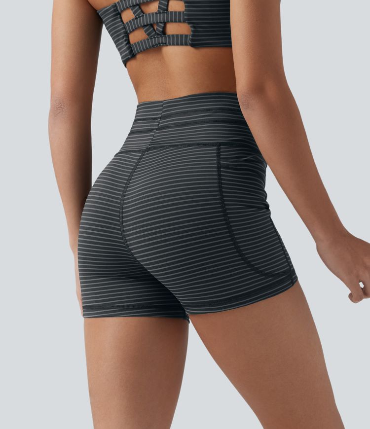 High Waisted Drawstring Striped Yoga Biker Shorts 3'' with Pockets
