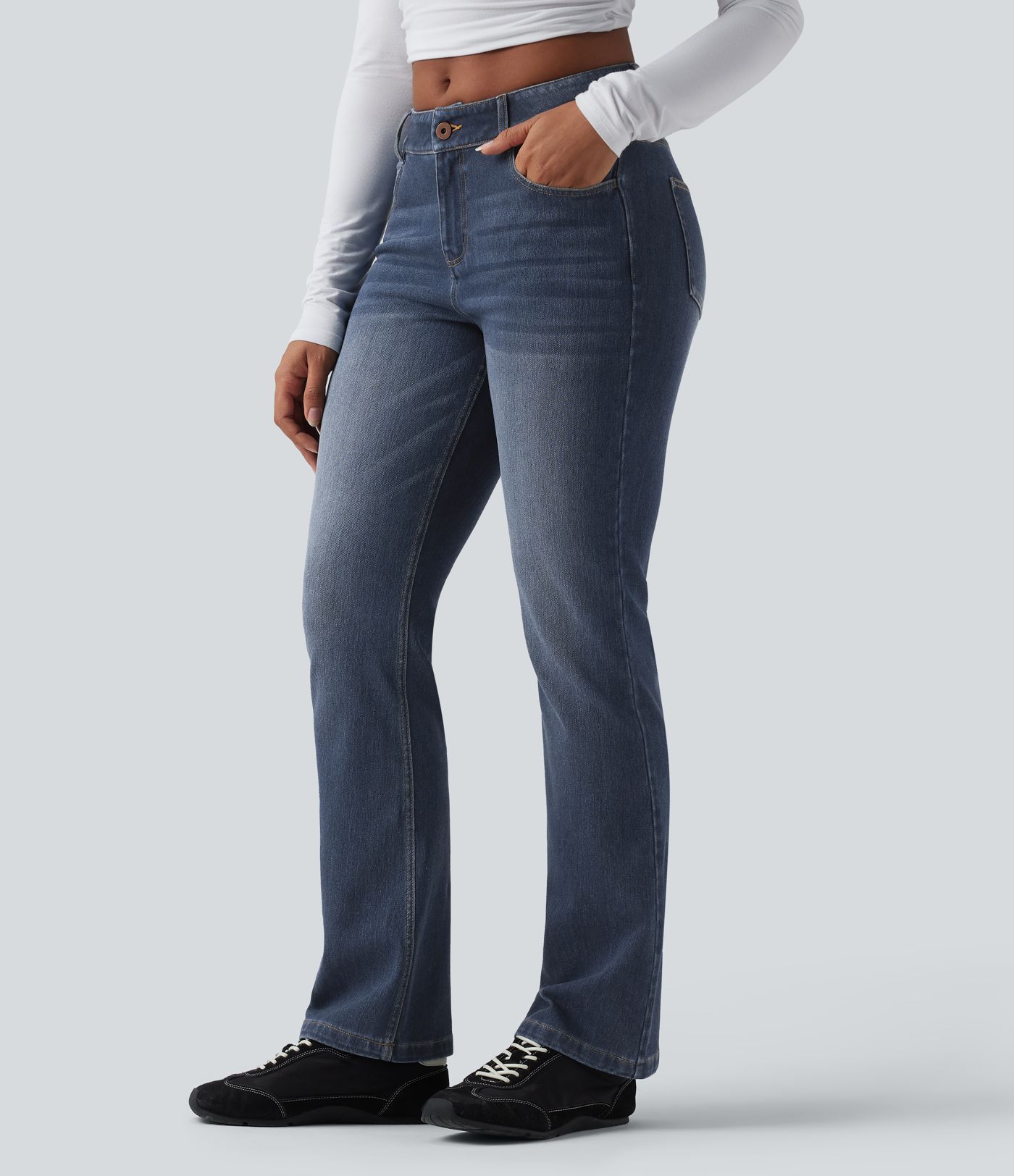 Jeans Halara Flex™ Denim tiro bajo botón cremallera múltiple bolsillo elástico lavado