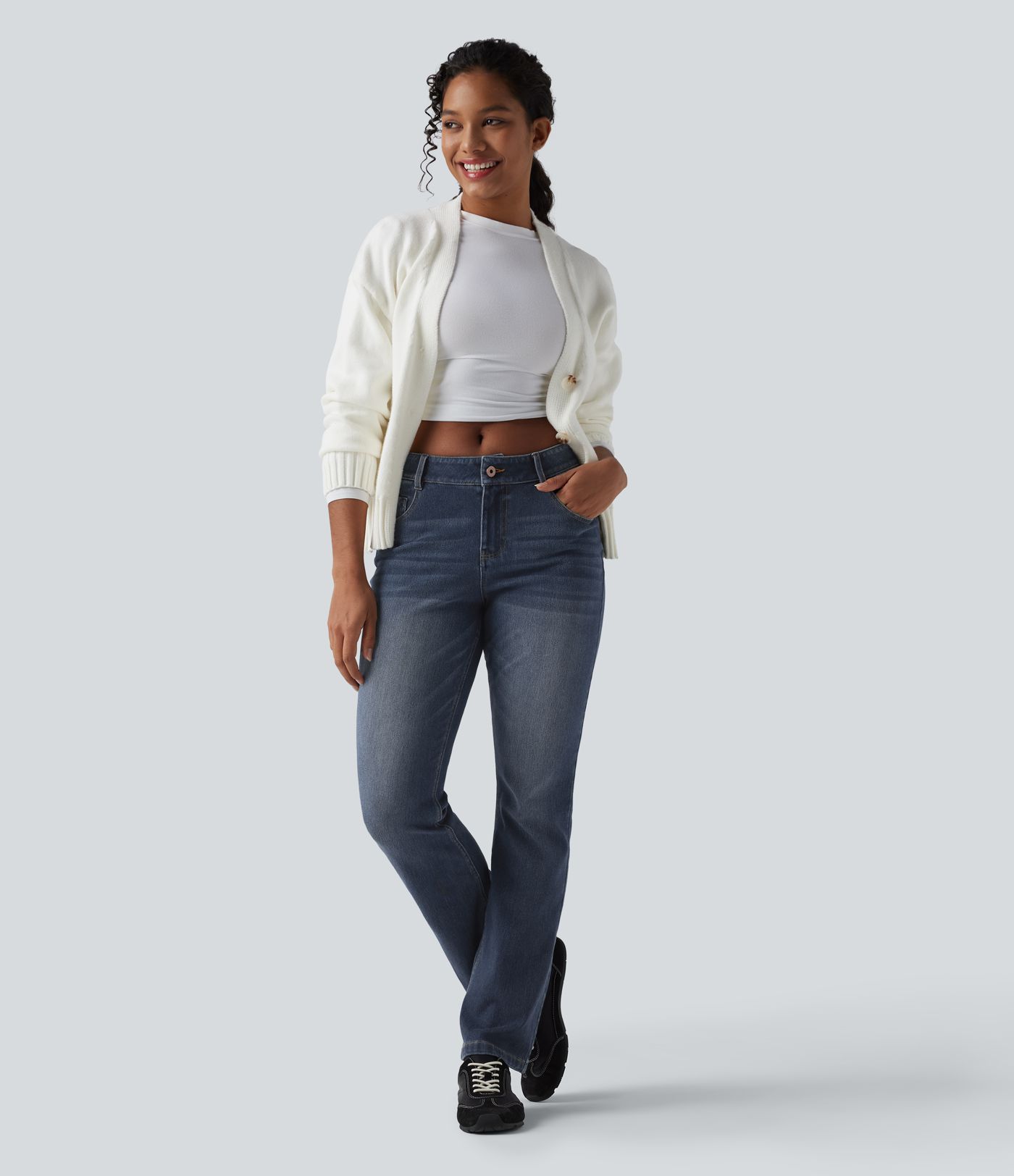 Jeans Halara Flex™ Denim tiro bajo botón cremallera múltiple bolsillo elástico lavado