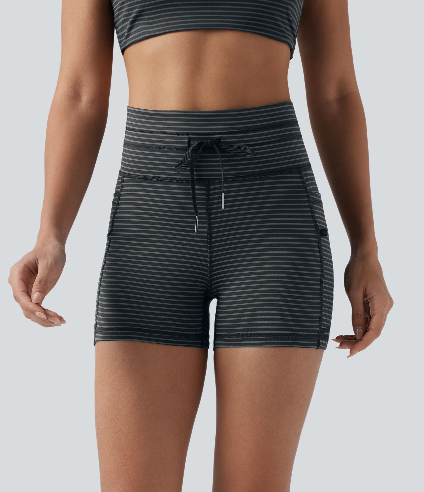 High Waisted Drawstring Striped Yoga Biker Shorts 3'' with Pockets