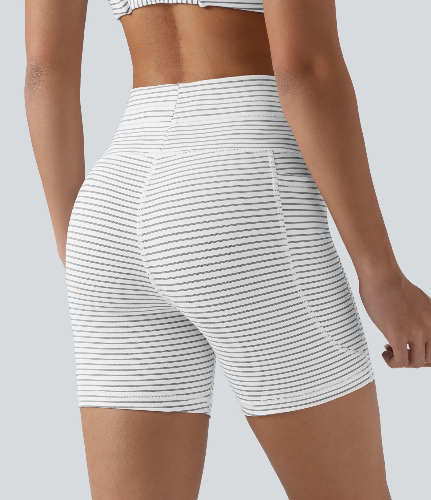 High Waisted Drawstring Striped Yoga Biker Shorts 5'' with Pockets