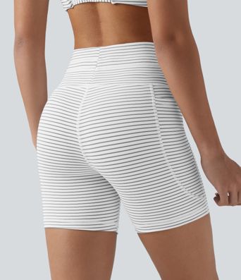 High Waisted Drawstring Striped Yoga Biker Shorts 5'' with Pockets