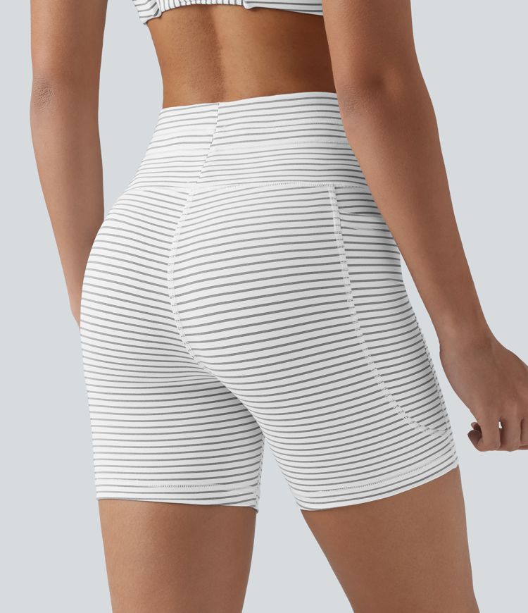 High Waisted Drawstring Striped Yoga Biker Shorts 5'' with Pockets