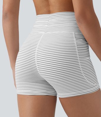 High Waisted Drawstring Striped Yoga Biker Shorts 3'' with Pockets