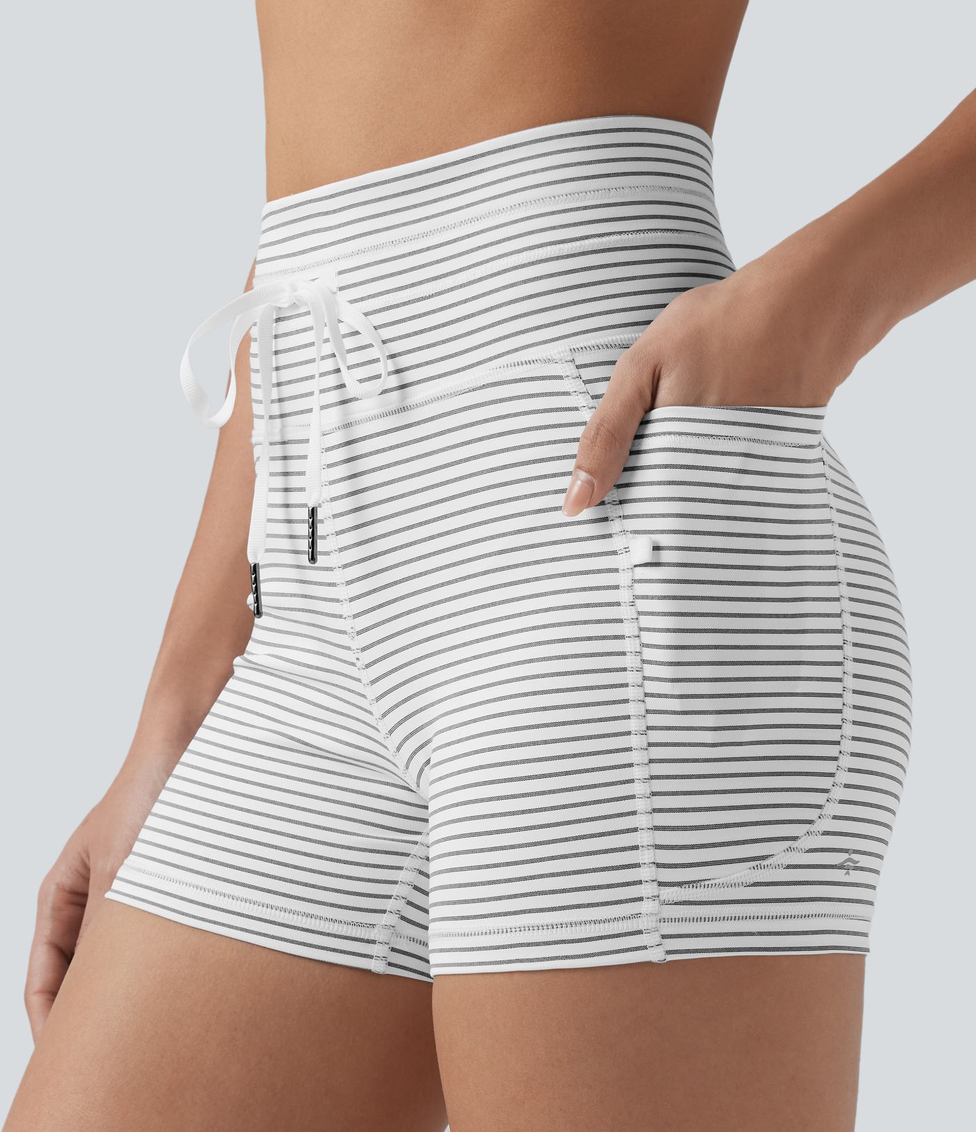 High Waisted Drawstring Striped Yoga Biker Shorts 3'' with Pockets