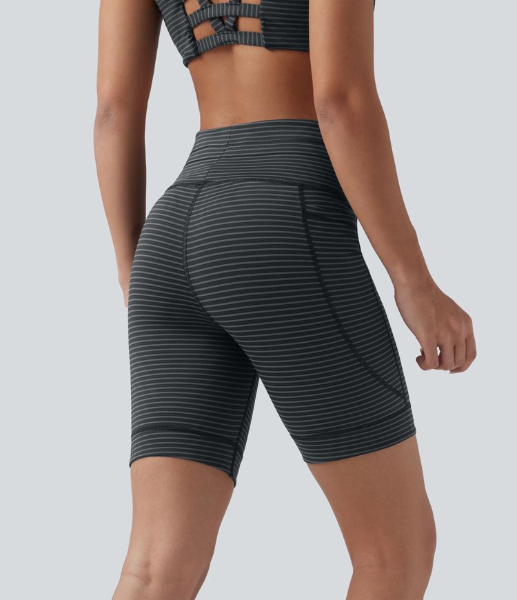 Yoga-Shorts mit hohem Bund, Seitentaschen, Kordelzug und Streifen - 17,8 cm
