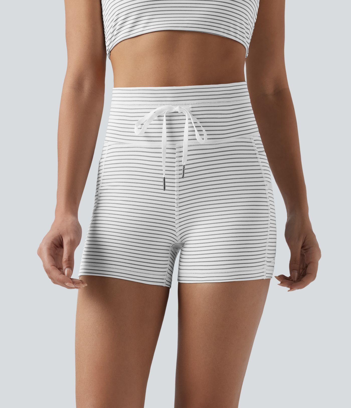 High Waisted Drawstring Striped Yoga Biker Shorts 3'' with Pockets