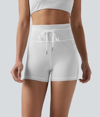 High Waisted Drawstring Striped Yoga Biker Shorts 3'' with Pockets