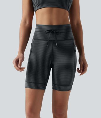 Yoga-Shorts mit hohem Bund, Seitentaschen, Kordelzug und Streifen - 17,8 cm
