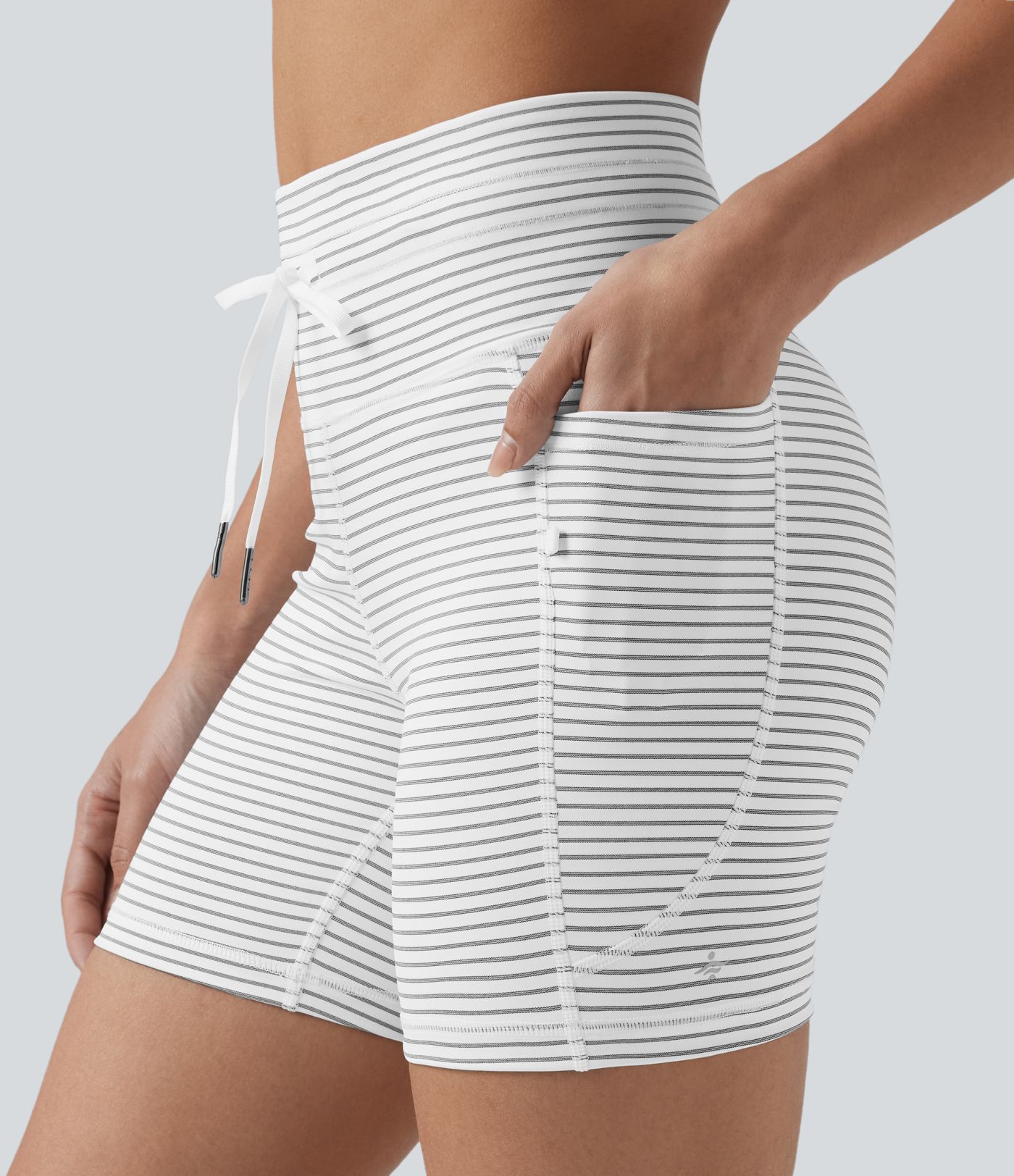 High Waisted Drawstring Striped Yoga Biker Shorts 5'' with Pockets