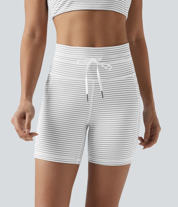 High Waisted Drawstring Striped Yoga Biker Shorts 5'' with Pockets