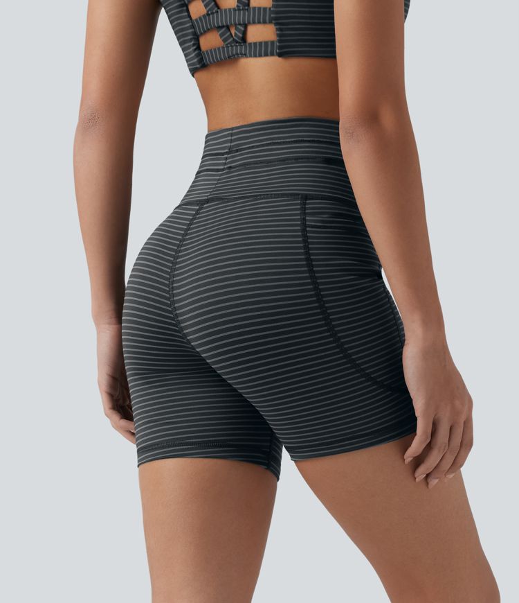 Short cycliste de yoga taille haute à rayures avec cordon de serrage 12,5 cm et poches