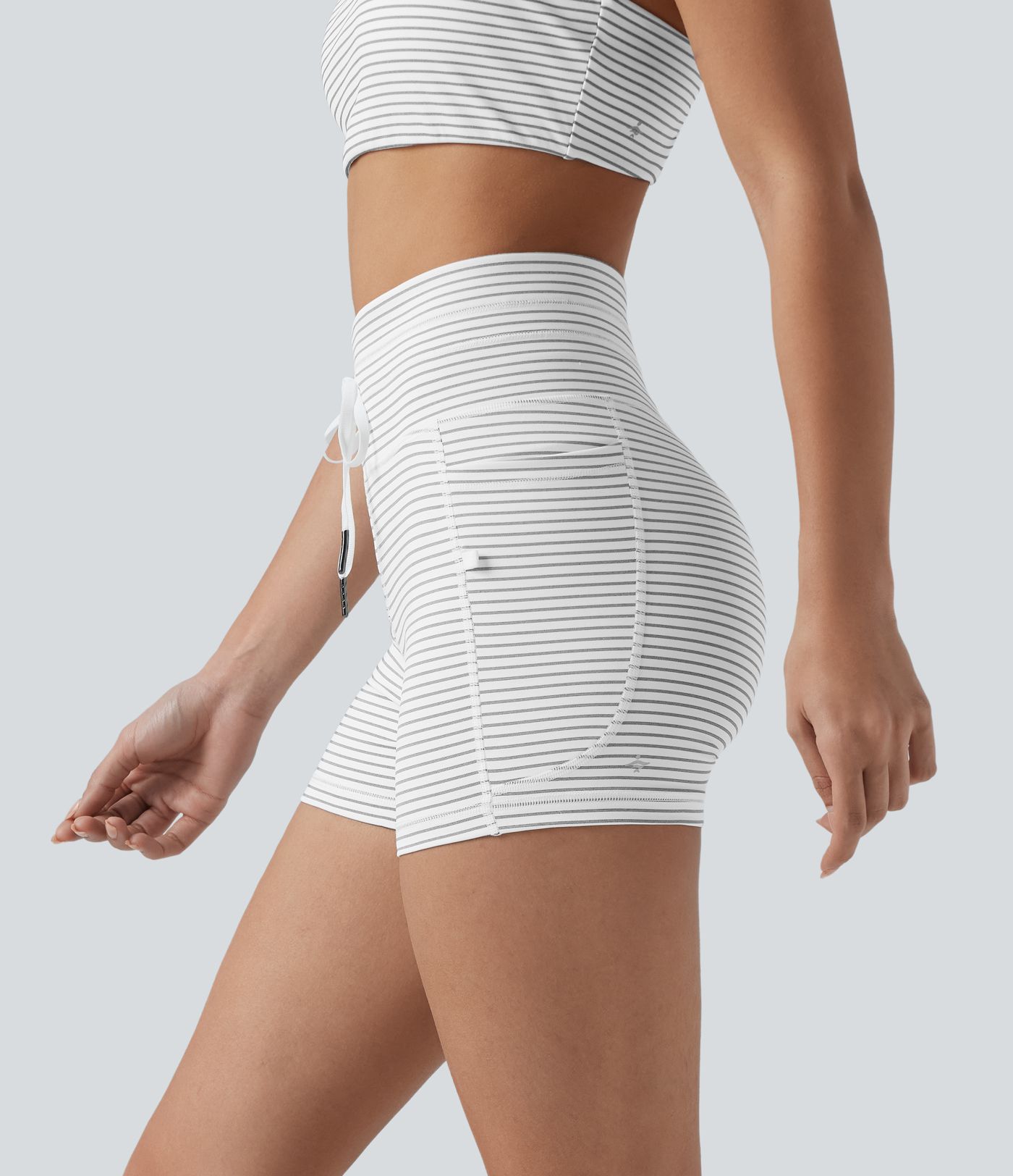 High Waisted Drawstring Striped Yoga Biker Shorts 3'' with Pockets