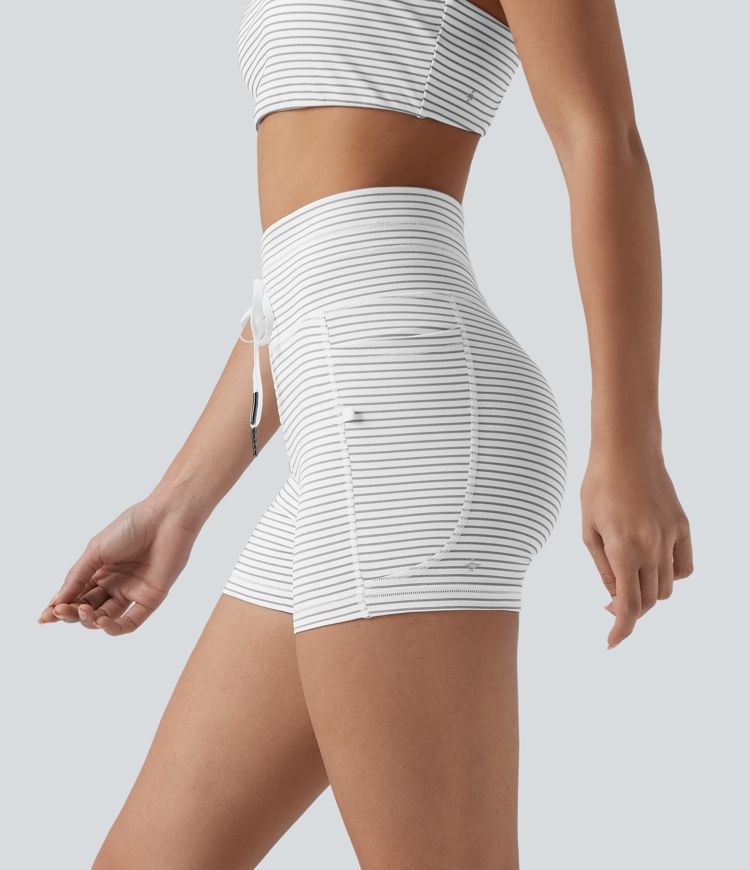 High Waisted Drawstring Striped Yoga Biker Shorts 3'' with Pockets