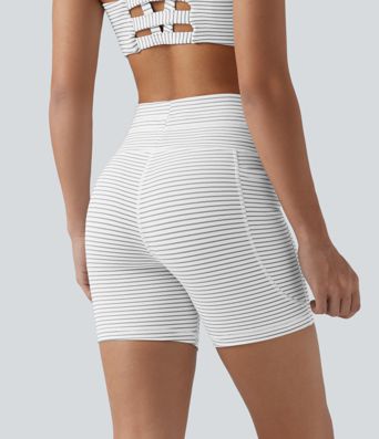 High Waisted Drawstring Striped Yoga Biker Shorts 5'' with Pockets