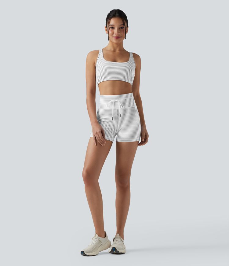 High Waisted Drawstring Striped Yoga Biker Shorts 3'' with Pockets