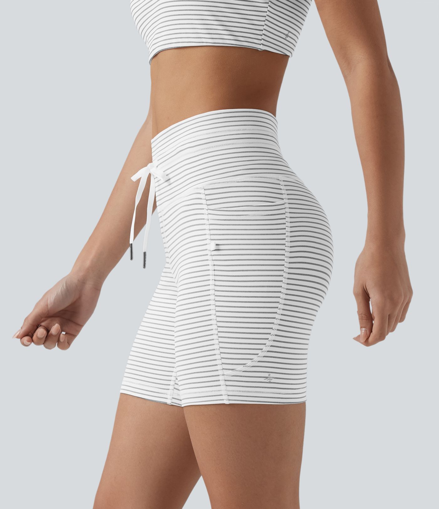 High Waisted Drawstring Striped Yoga Biker Shorts 5'' with Pockets