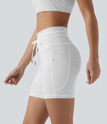 High Waisted Drawstring Striped Yoga Biker Shorts 5'' with Pockets