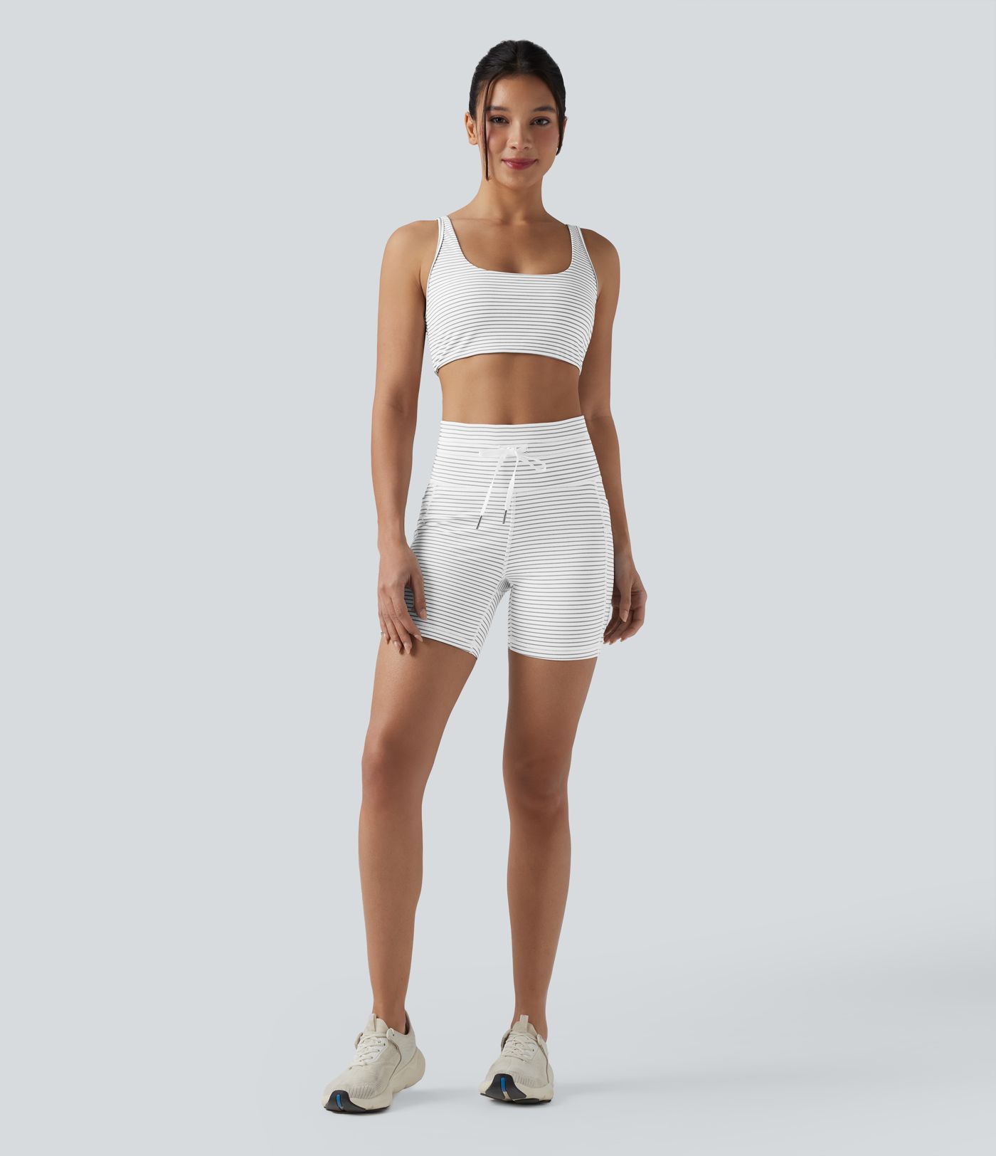 High Waisted Drawstring Striped Yoga Biker Shorts 5'' with Pockets