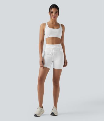 High Waisted Drawstring Striped Yoga Biker Shorts 5'' with Pockets