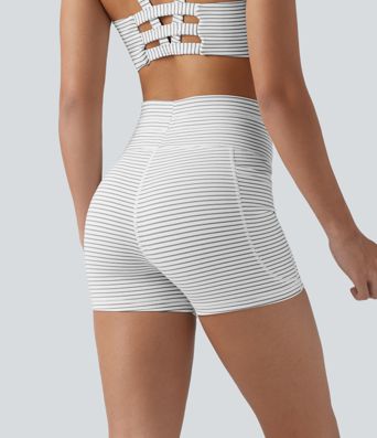 High Waisted Drawstring Striped Yoga Biker Shorts 3'' with Pockets