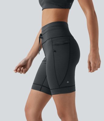 Yoga-Shorts mit hohem Bund, Seitentaschen, Kordelzug und Streifen - 17,8 cm