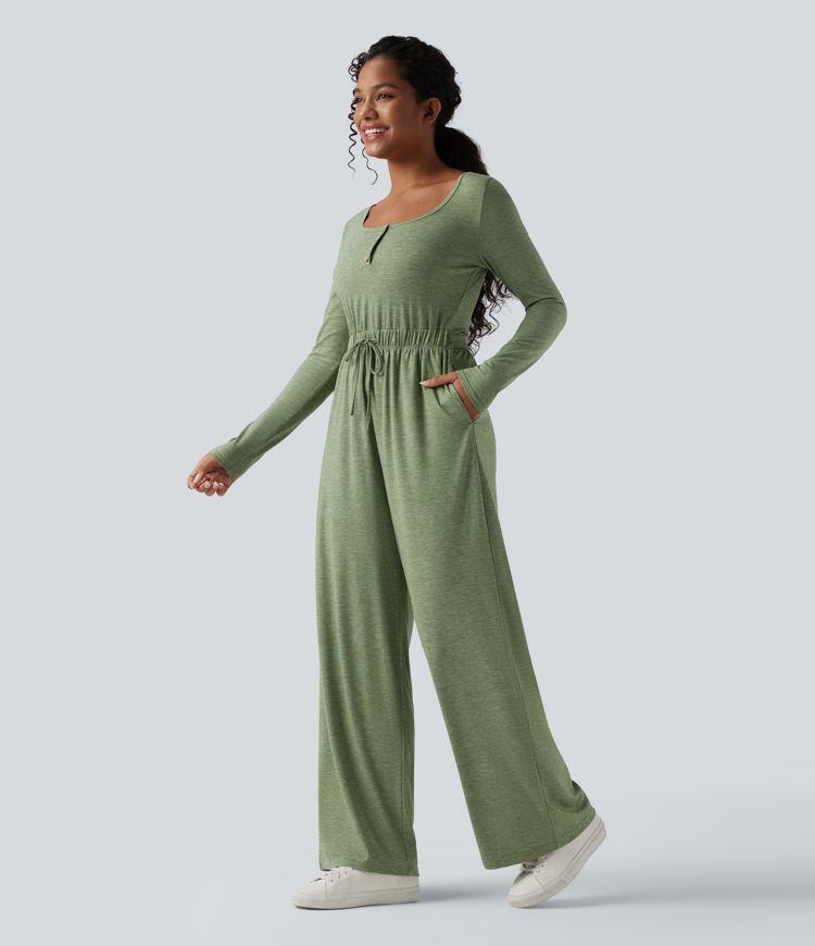 Light Green Floral Yarn Lässiger, melierter Jumpsuit mit Henley-Ausschnitt, Seitentaschen, langen Ärmeln und Kordelzug - Easy Peezy / 1