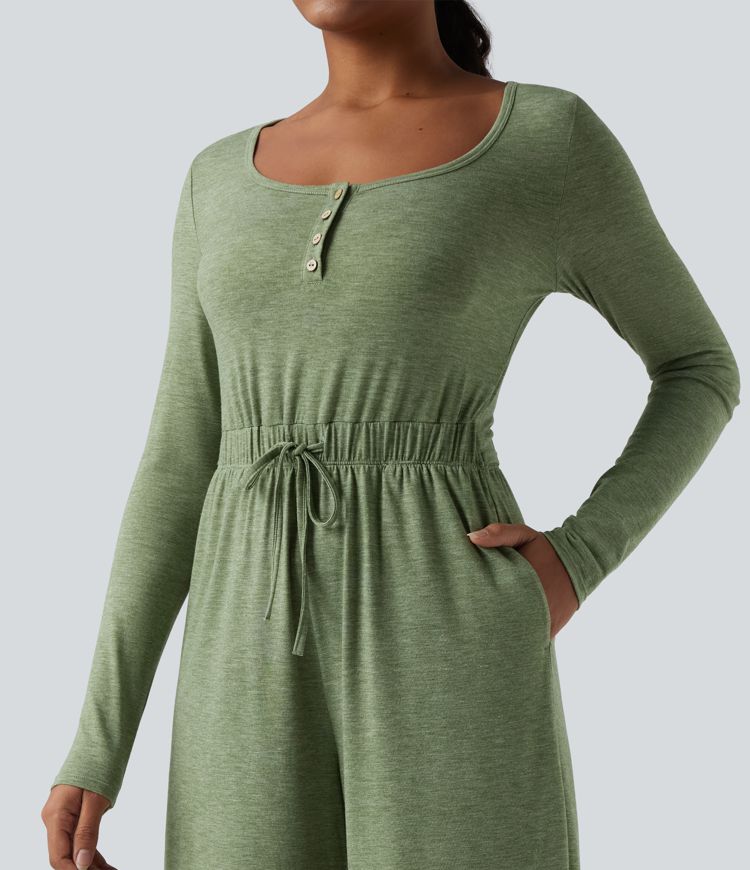 Henley Long Sleeve Drawstring Heathered Casual Baggy Jumpsuit with Pockets-Easy Peezy