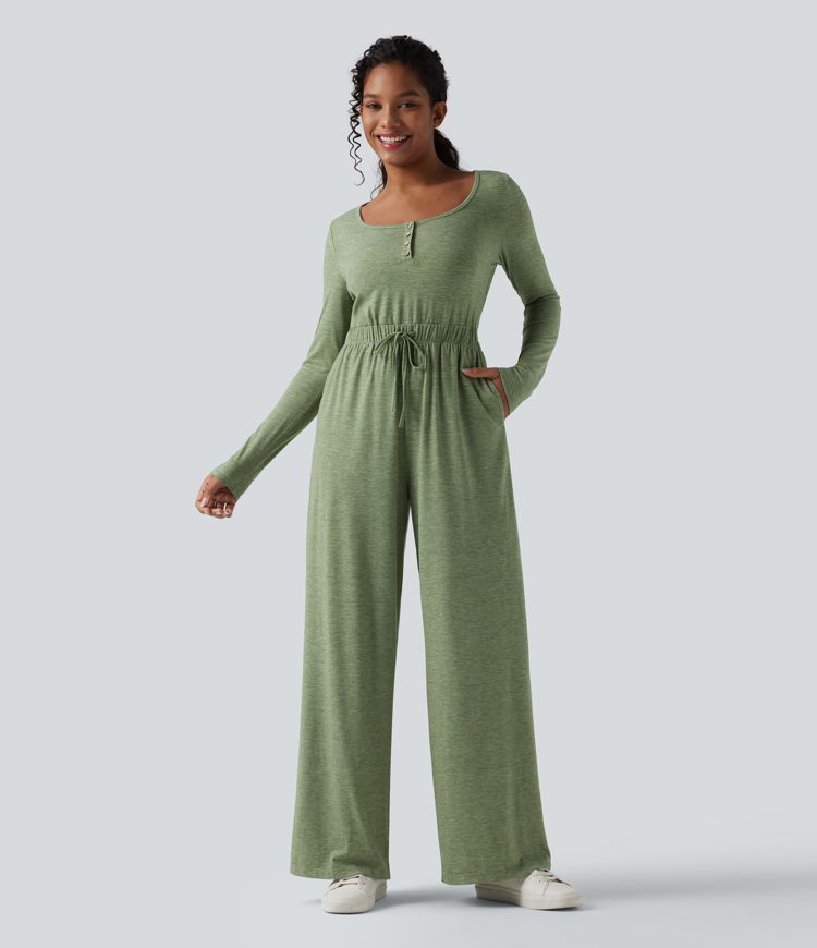Henley Long Sleeve Drawstring Heathered Casual Baggy Jumpsuit with Pockets-Easy Peezy