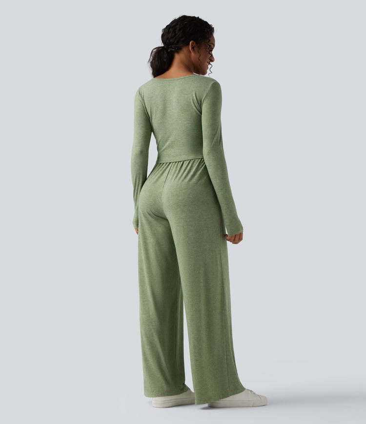 Henley Long Sleeve Drawstring Heathered Casual Baggy Jumpsuit with Pockets-Easy Peezy