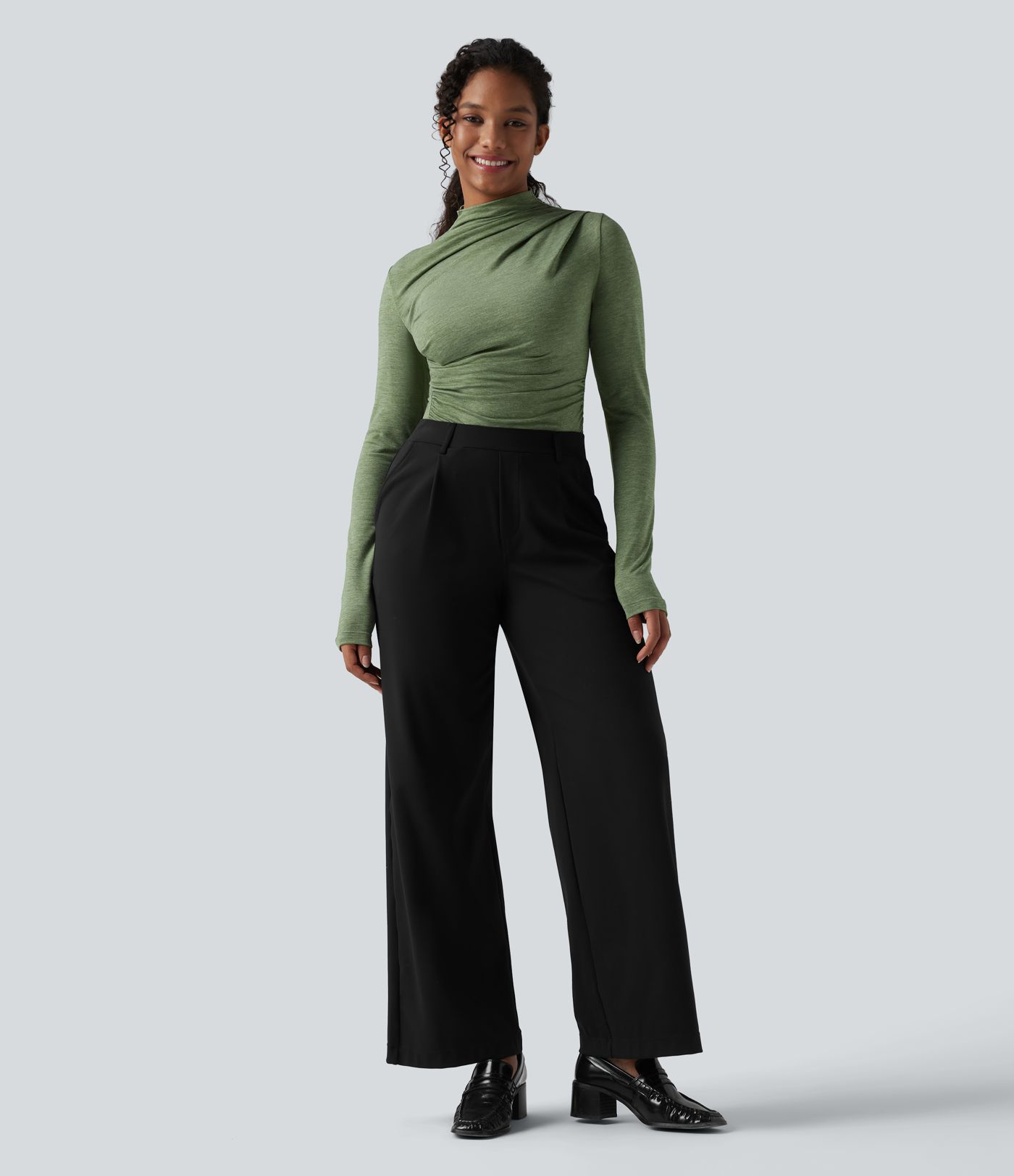 Mock-neck Long Sleeve Ruched Asymmetric Hem Casual Heathered Top