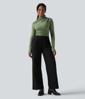 Mock-neck Long Sleeve Ruched Asymmetric Hem Casual Heathered Top