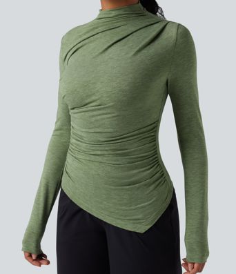 Mock-neck Long Sleeve Ruched Asymmetric Hem Casual Heathered Top