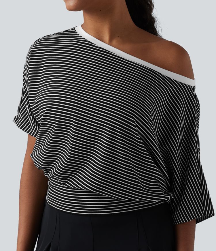 One Shoulder Short Sleeve Stripe Casual T-Shirt
