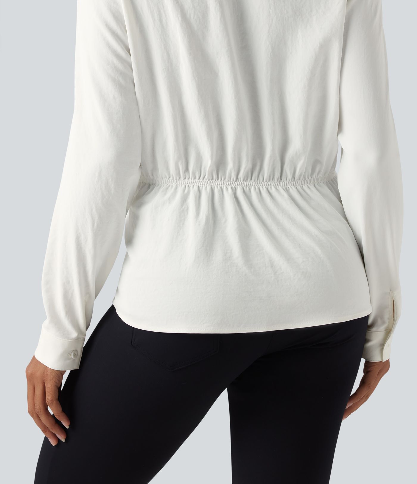 Collar Long Sleeve Tie Asymmetrical Hem Work Blouse