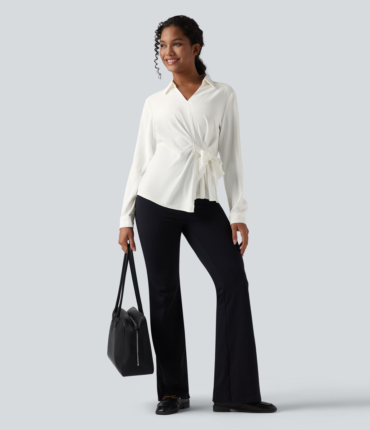 Collar Long Sleeve Tie Asymmetrical Hem Work Blouse