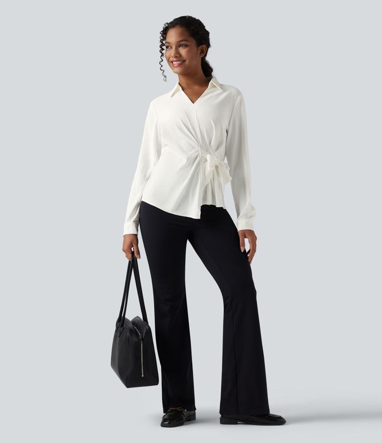 Collar Long Sleeve Tie Asymmetrical Hem Work Blouse