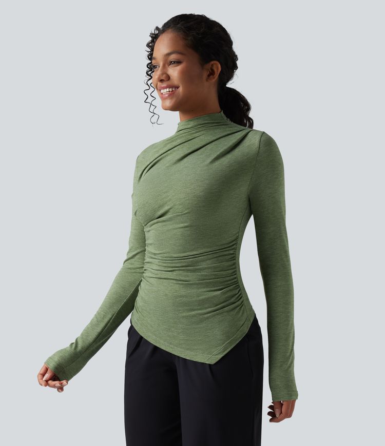 Mock-neck Long Sleeve Ruched Asymmetric Hem Casual Heathered Top