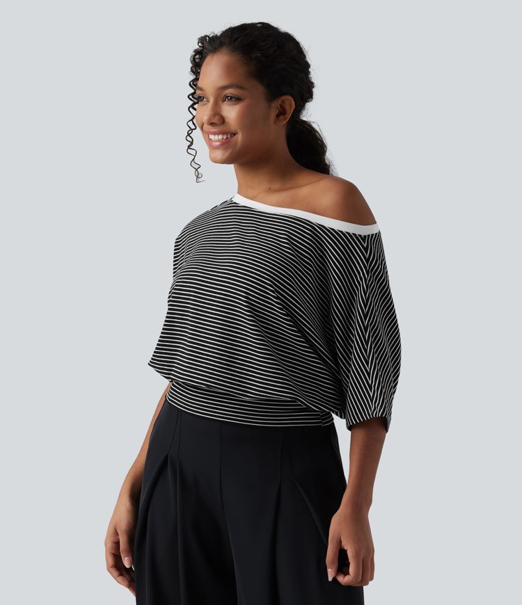 One Shoulder Short Sleeve Stripe Casual T-Shirt