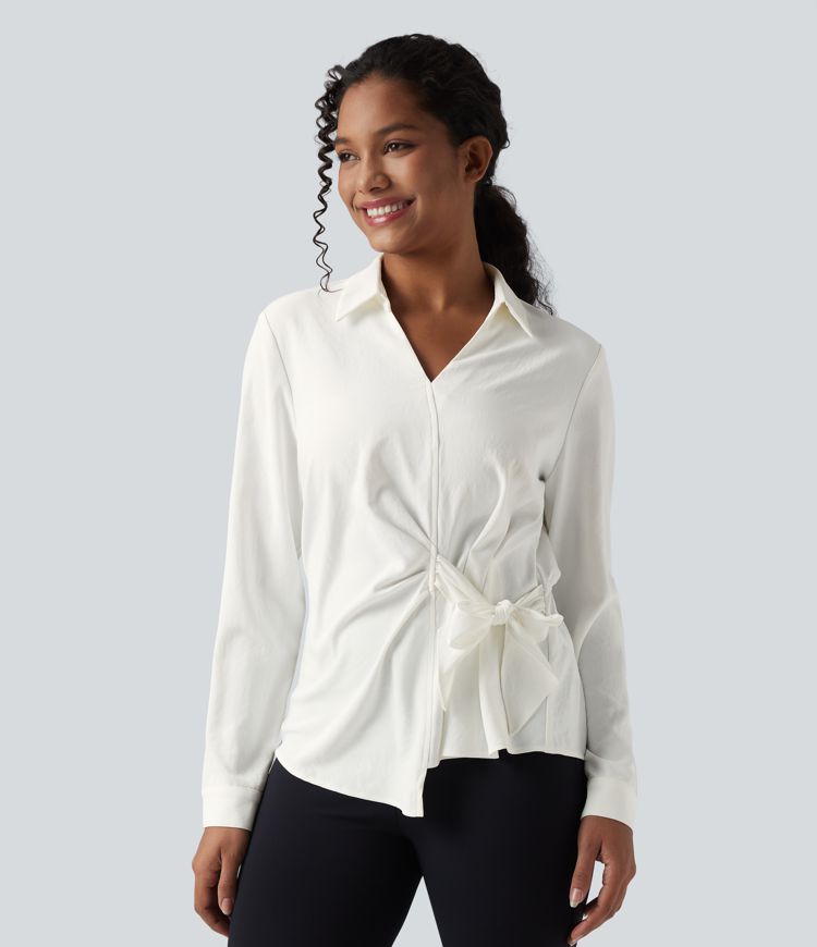 Collar Long Sleeve Tie Asymmetrical Hem Work Blouse