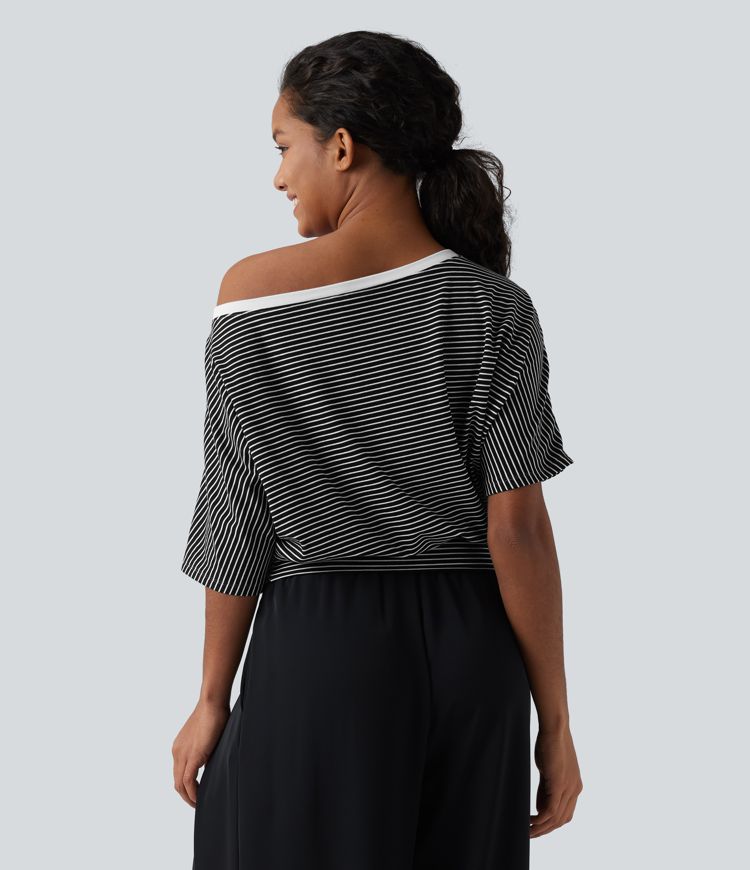 One Shoulder Short Sleeve Stripe Casual T-Shirt