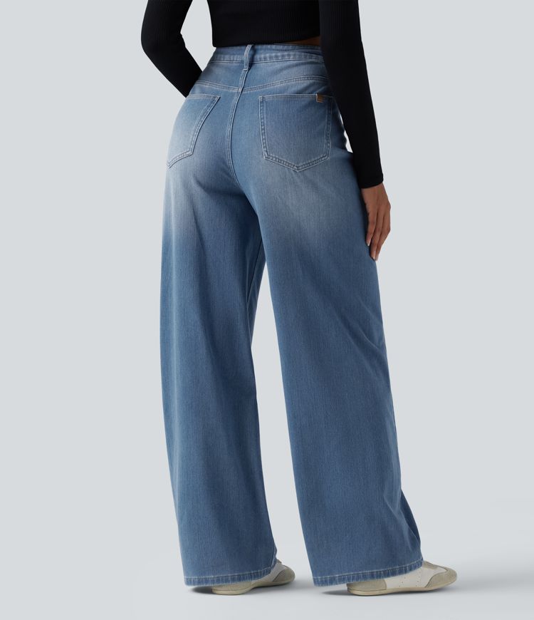 Jean baggy asymétrique Halara Flex™ taille haute effet délavé avec poches