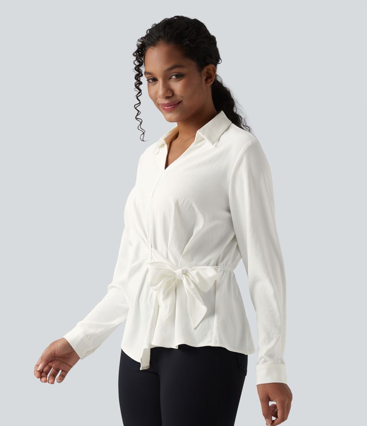 Collar Long Sleeve Tie Asymmetrical Hem Work Blouse