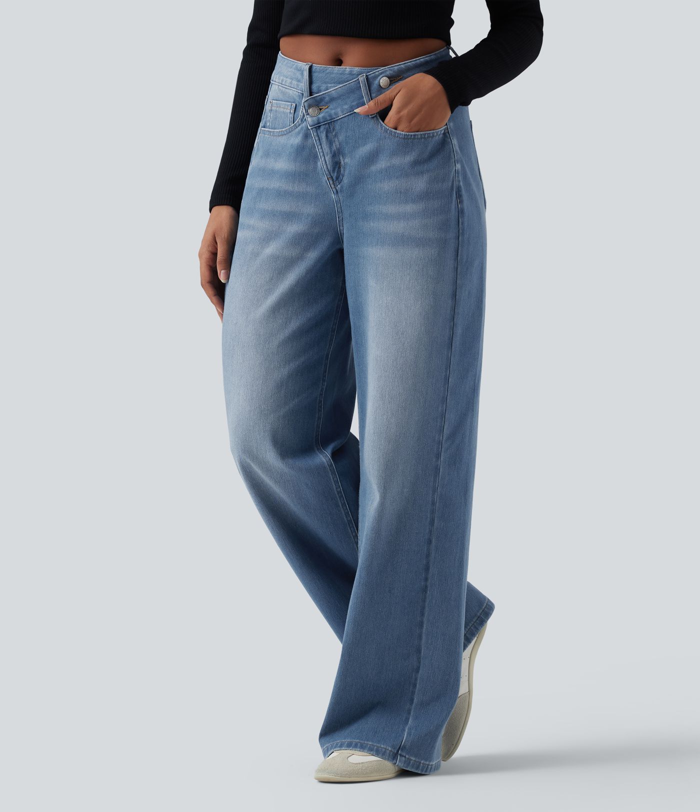 Jean baggy asymétrique Halara Flex™ taille haute effet délavé avec poches