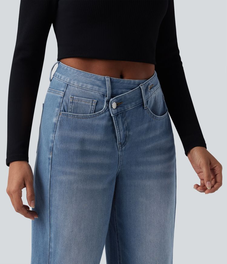 Jean baggy asymétrique Halara Flex™ taille haute effet délavé avec poches