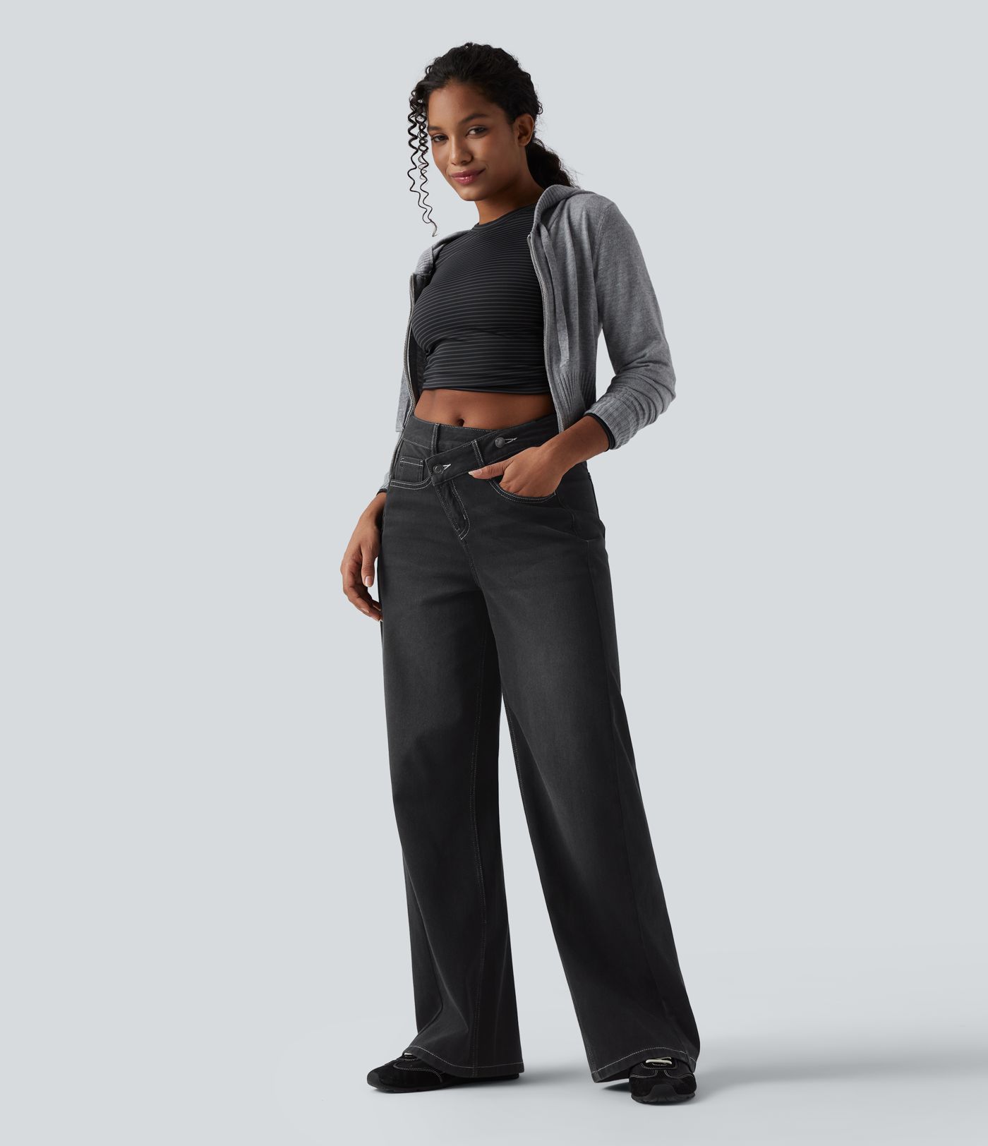 Jean baggy asymétrique Halara Flex™ taille haute effet délavé avec poches