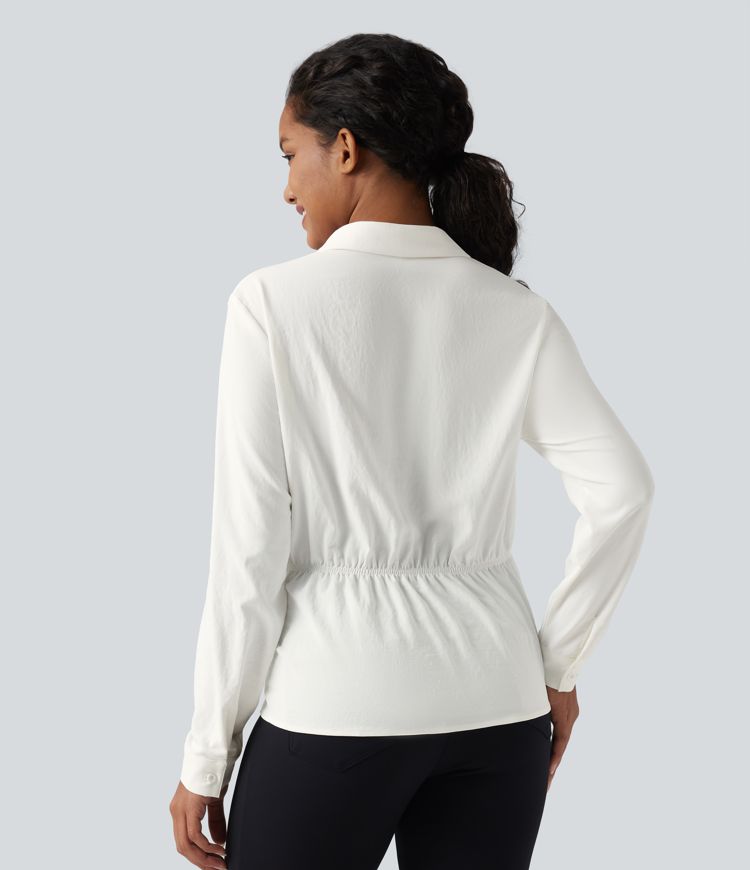 Collar Long Sleeve Tie Asymmetrical Hem Work Blouse